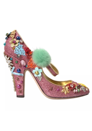 Pink Embellished Fur Mary Jane Pumps Shoes - EU39/US8.5