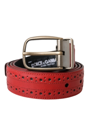 Red Perforated Leather Metal Buckle Belt Men - 85 cm / 34 Inches