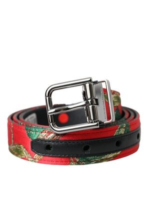 Red Leather Jacquard Silver Metal Buckle Belt - 90 cm / 36 Inches