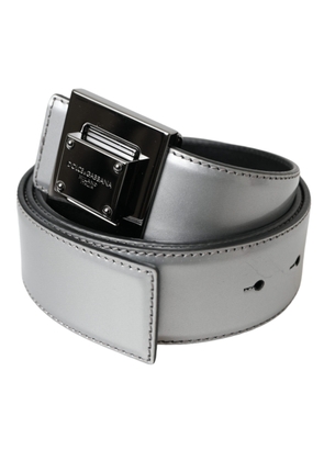 Silver Leather Square Metal Buckle Belt - 85 cm / 34 Inches