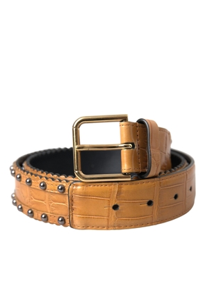 Beige Alligator Leather Studded Metal Buckle Belt - 85 cm / 34 Inches