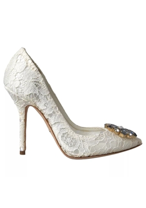 White Taormina Lace Crystal Heel Pumps Shoes - EU37/US6.5