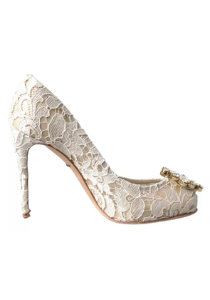 White Taormina Lace Crystal Heels Pumps Shoes - EU37.5/US7