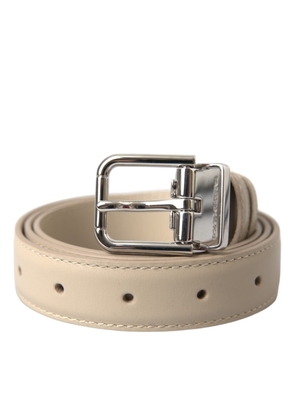 Beige Calfskin Leather Silver Metal Buckle Belt - 80 cm / 32 Inches