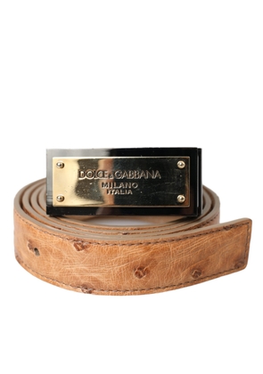 Beige Leather Gold Logo Engraved Buckle Belt - 90 cm / 36 Inches