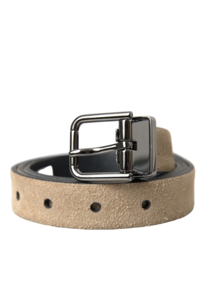 Beige Suede Leather Silver Metal Buckle Belt - 85 cm / 34 Inches