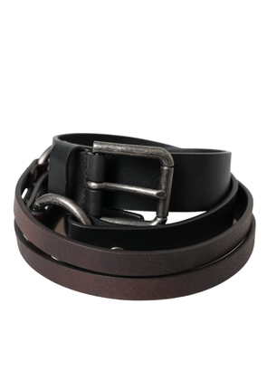 Black Brown Leather Silver Metal Buckle Belt - 100 cm / 40 Inches