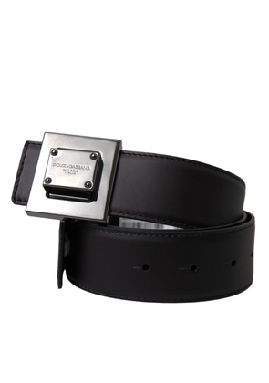 Black Calf Leather Square Metal Buckle Belt - 80 cm / 32 Inches