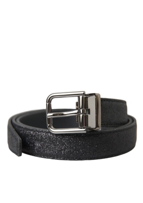 Black Glittered Leather Silver Buckle Belt - 90 cm / 36 Inches