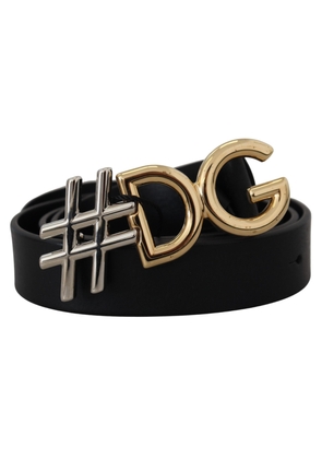 Black Leather Metal #DG Logo Buckle Belt - 100 cm / 40 Inches