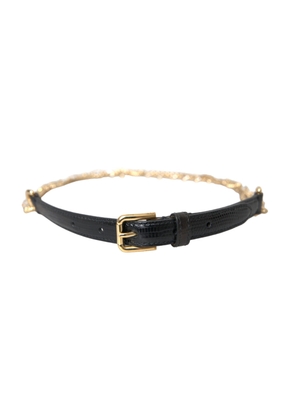 Black Leather Gold Chain Crystal Waist Women Belt - L