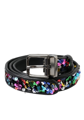 Black Sequined Silver Metal Buckle Women Belt - 90 cm / 36 Inches