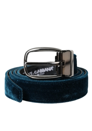 Blue Velvet Leather Silver Metal Buckle Belt - 95 cm / 38 Inches