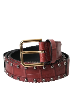 Brown Alligator Leather Studded Metal Buckle Belt - 85 cm / 34 Inches