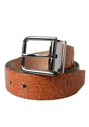 Brown Exotic Leather Silver Metal Buckle Belt - 90 cm / 36 Inches