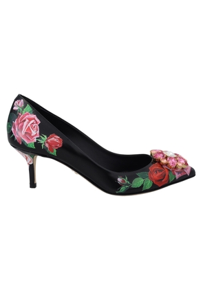 Dolce & Gabbana Black Floral Print Crystal Heels Pumps Shoes - EU36.5/US6