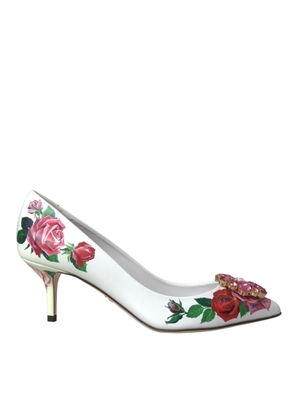 White Leather Roses Crystal Bellucci Pumps Shoes - EU37.5/US7