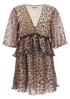 Ganni pleated mini dress with leopard motif - 34 Beige