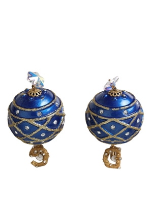 Gold Brass Blue Dangle Christmas Ball Crystal Clip On Earrings