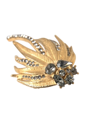 Gold Brass Leaf Crystal Embellished Brooch Pin