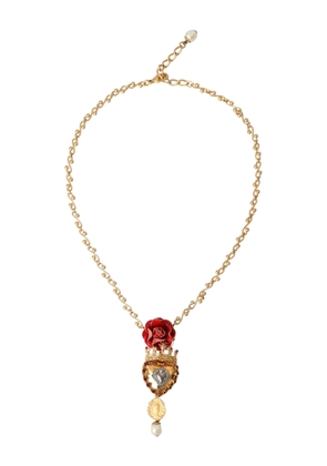 Gold BrassChain Sacred Heart Rose Crystal Charm Necklace