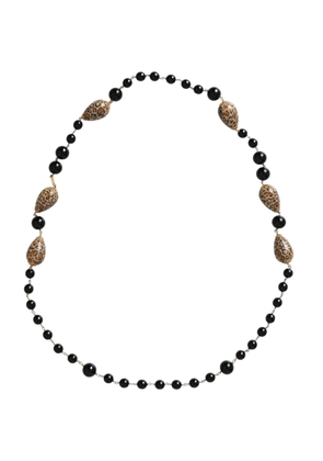 Gold Tone Brass Black Printed Beaded Long Chain Necklace