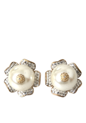 Gold Tone Maxi Faux Pearl Floral Clip-on Jewelry Earrings