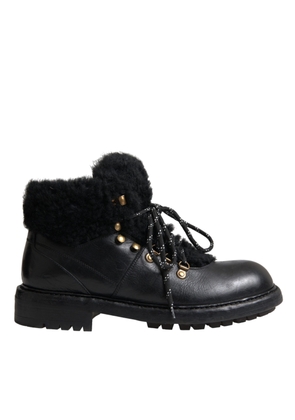 Black Leather Bernini Shearling Boots Shoes - EU44/US11