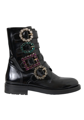 Black Leather Crystal Buckles Boots Shoes - EU35/US4.5