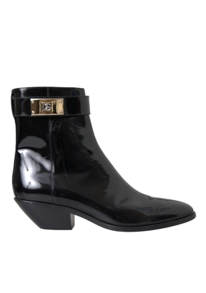 Black Logo Appliqué Leather Ankle Boots Shoes - EU39/US8.5