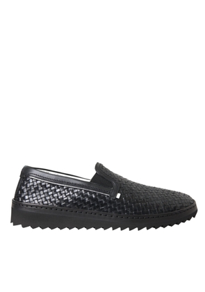 Black Woven Buffalo Leather Men Loafers Shoes - EU40.5/US7.5