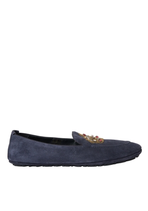 Blue Leather Suede Crystal Crown Loafers Shoes - EU40/US7