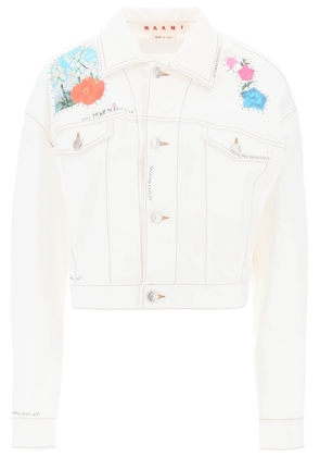 cropped denim jacket with flower patches and embroidery - 42 White