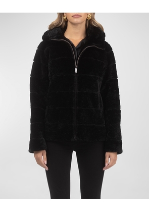 Horizontal Curly Lamb Shearling Zip Jacket With Hood