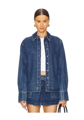 GRLFRND Mae Oversized Button Down in Blue. Size M, S, XL, XS, XXS.