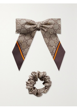 Gucci - Gg Printed Silk Hair Tie And Scrunchie Set - Brown - One size