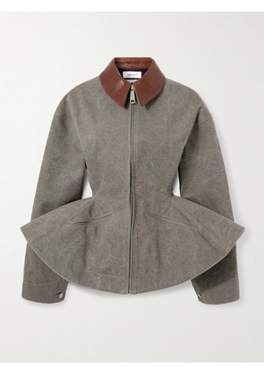 Alexander McQueen - Paneled Leather-trimmed Cotton-canvas Peplum Jacket - Gray - IT40,IT42