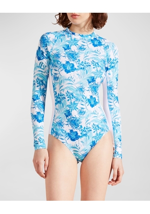 Tahiti Flowers Neoprene Rashguard One-Piece Swimsuit