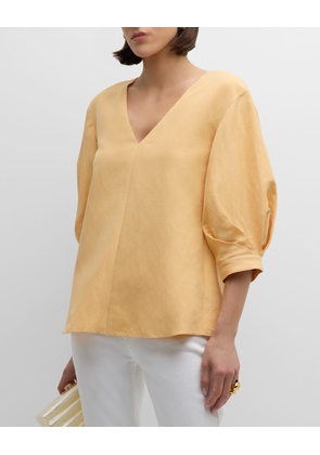 Pleated Blouson-Sleeve Silk-Linen Blouse