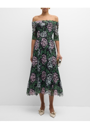 Off-Shoulder Floral Lace Midi Dress