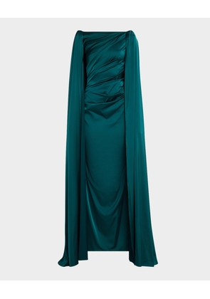 Gathered Voile Satin Cape Gown