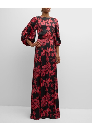 Belted Floral-Print Twill Gown