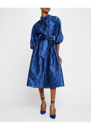 Blouson-Sleeve Jacquard Midi Shirtdress