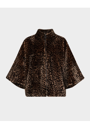 Leopard-Print Shearling Lamb Zip Jacket With Cropped Sleeves