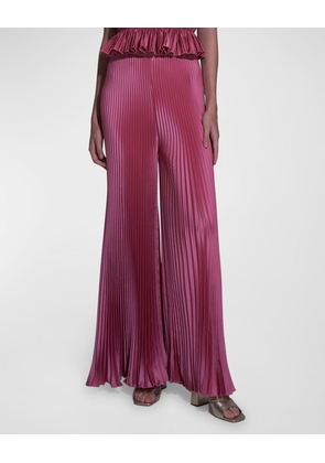 Bisous Pleated Wide-Leg Satin Pants