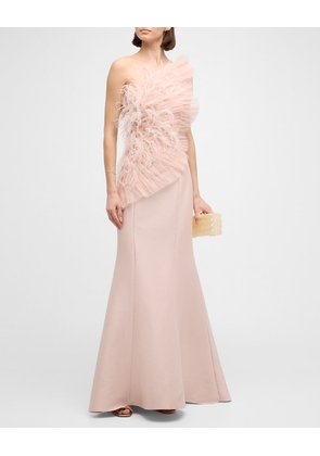 Strapless Feather-Embellished Ruffle Gown