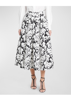 Damask Print Pleated Midi Skirt