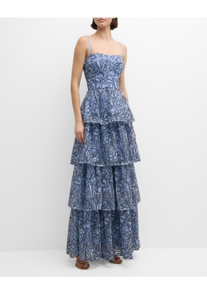 Aubriella Ruffle Tiered Floral-Embroidered Gown