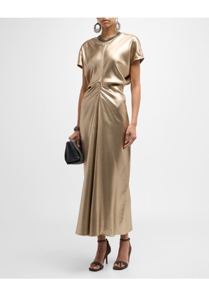 Monili-Neck Metallic Fluid Silk Ankle Dress