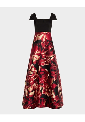 Split-Neck Floral Jacquard Gown